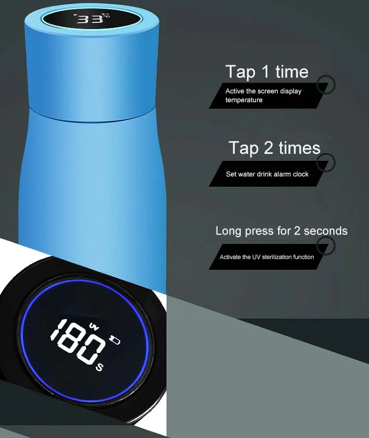 New Style Smart Water Bottle Insulated Stainless Steel ,LED Glow Reminder  When You Need to Drink for Office, Sports Outdoors