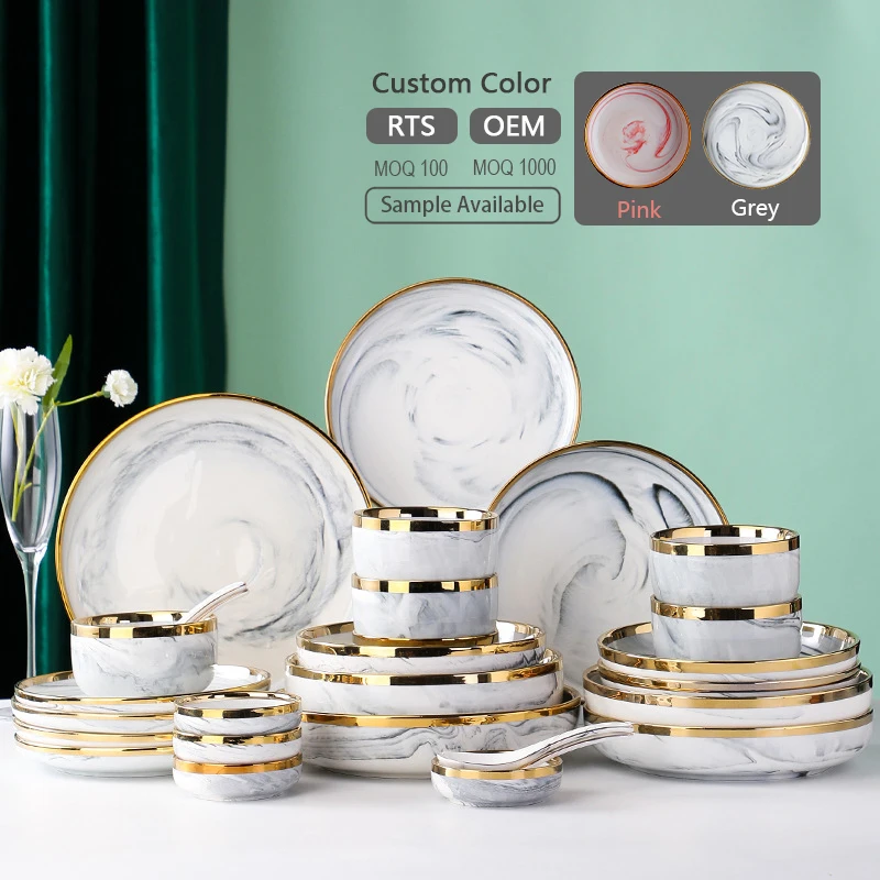 Prato Porcelana Wholesale Dinnerware Sets Elegant Marble Gray Golden