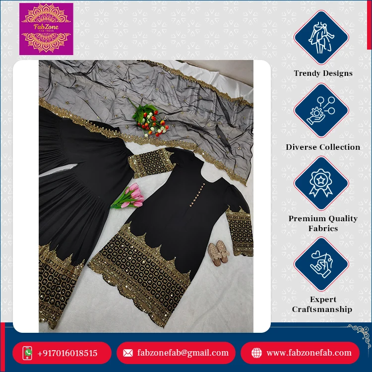 Latest New Collection Women's Indian Pakistani Wedding Wear Full Sleeve Faux Georgette Kurti Sharara Palazzo Dupatta Set Full