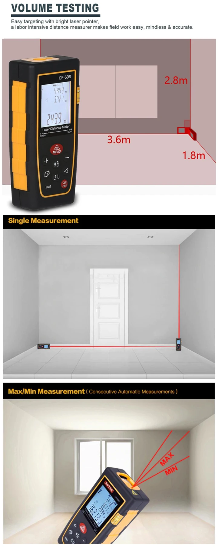 CP-60s 60m Laser Distance Meter - Accurate Range Finder with Leveling ...