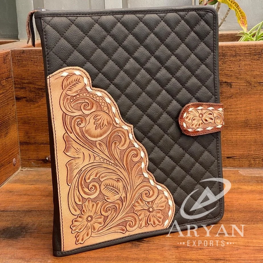 A4 multifunzione cerniera trapuntata a mano in pelle porta