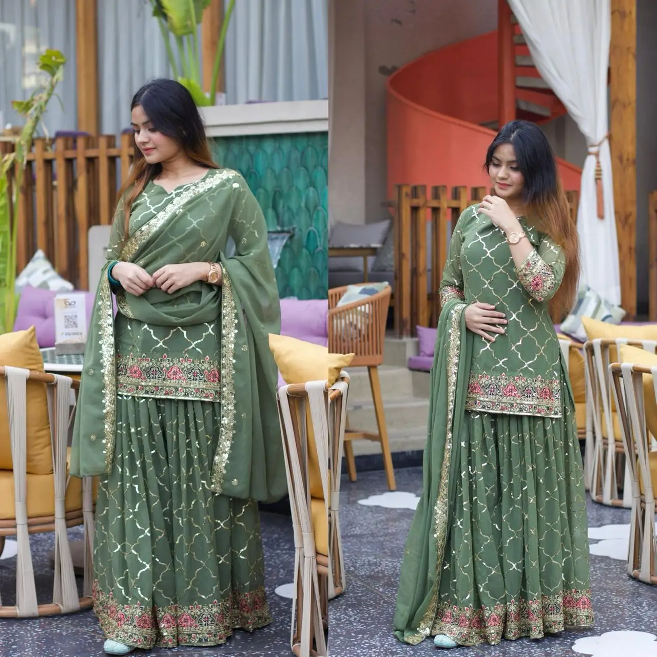 Abito Bollywood Salwar Kameez Semilavorato - Georgette E Net Ricamato (TIP TOP CLOTHING UK)