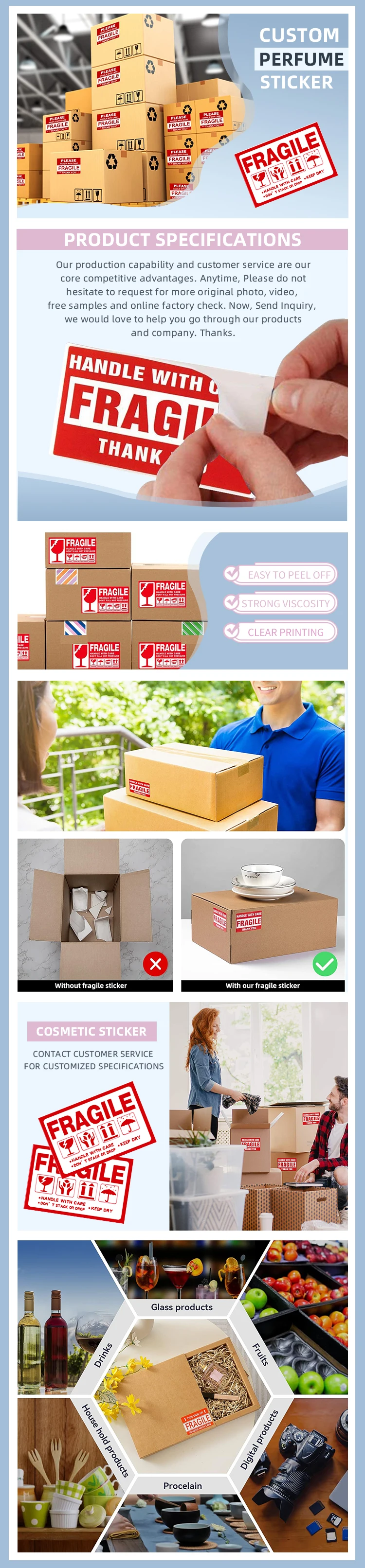 Hot Sale High Quality Plastic Sticker Label Waterproof and Adhesive Custom Size From Chinese Manufacturer Fragile Sticker factory