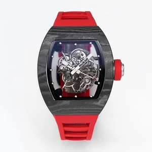 New High-end Designer Carbon Fiber High-quality Watch with Red Strap  Skeleton Design Business Men's Automatic Mechanical Watch