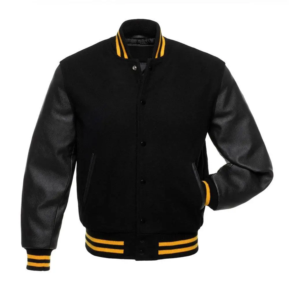 High School Varsity Jackets Black Wool Yellow Leather Sleeve Stand Caller Regular Sleeve Windbreaker Sport Letterman Jacket Alibaba