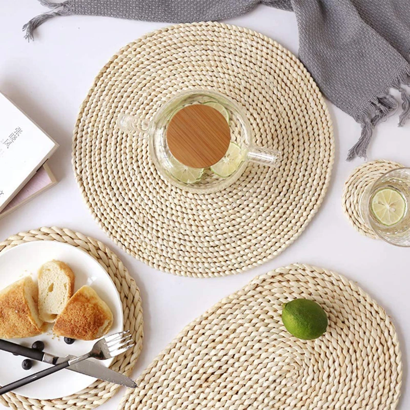 Round Woven Placemats Corn Husk Place Mats And Coaster Set Braided ...