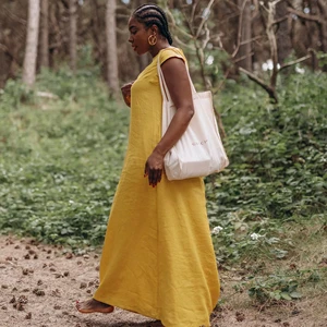 Minimalist Linen Summer Yellow Maxi Dress Linen Clothing Simple Plus Size Maxi Boho Dress Bohemian Short Sleeve Dress