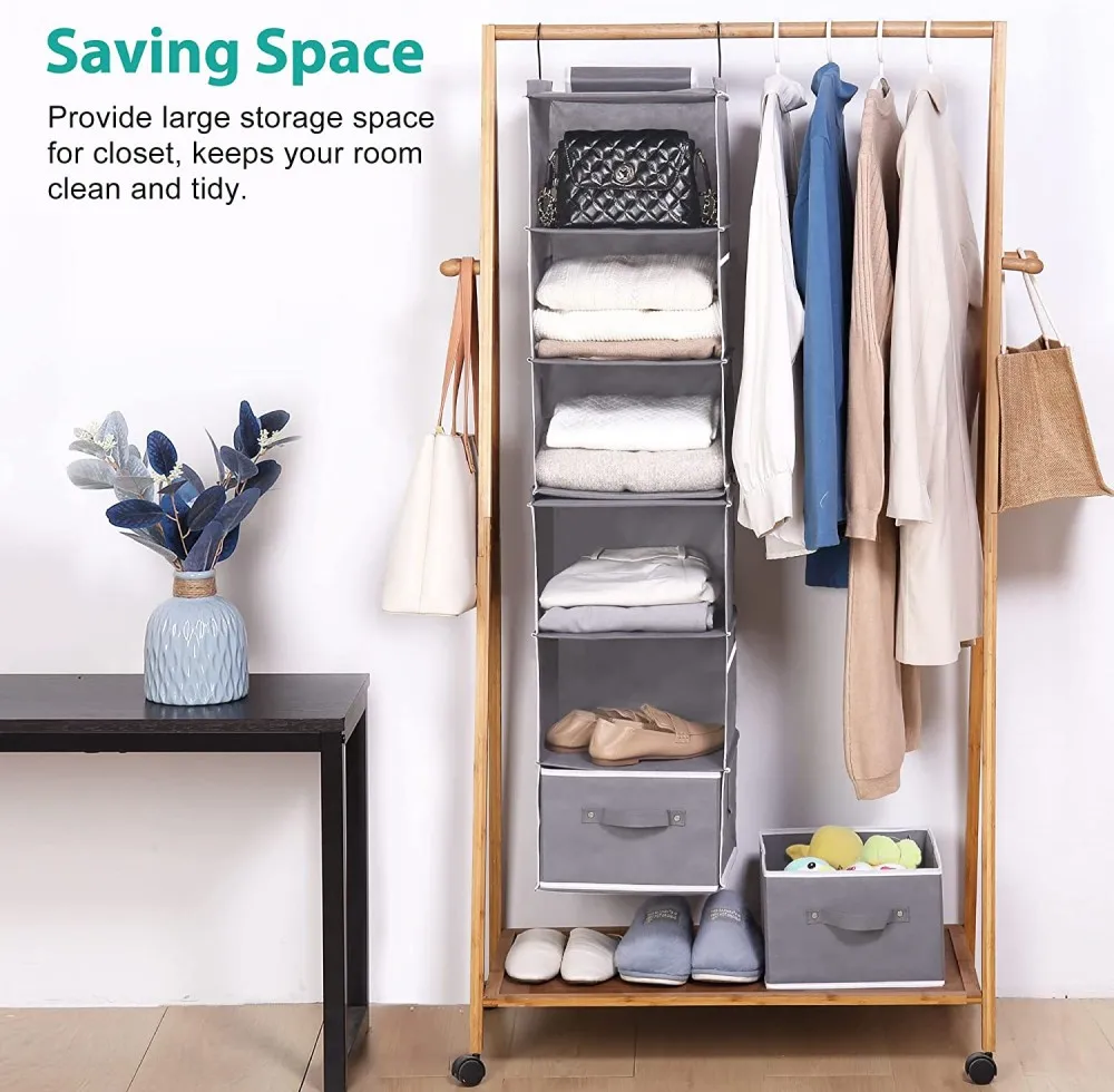6shelf Hanging Closet Organizer Storage With 2 Drawers & Side Pocket