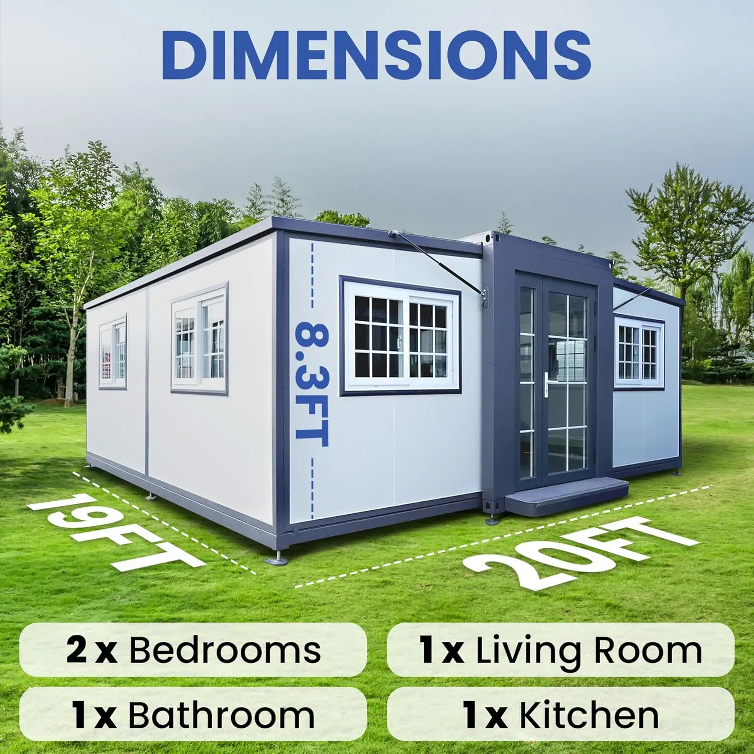Prefabricated Portable Container Home Grade 8 Earthquake 10 Wind Resistance Steel Frame Construction Tiny Home (19x20ft)