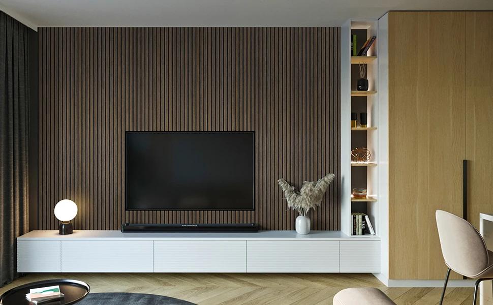 Self Adhesive Modern Design Polyester Akupanel Wooden Wall Panel Veneer Grain Veneer Oak Acoustic Slat Wood Panels factory