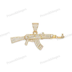 Custom Order Silver Moissanite Pendant Yellow Gold Plated AK-47 Design Pendant For Men GRA Certified Jewelry Manufacturer India