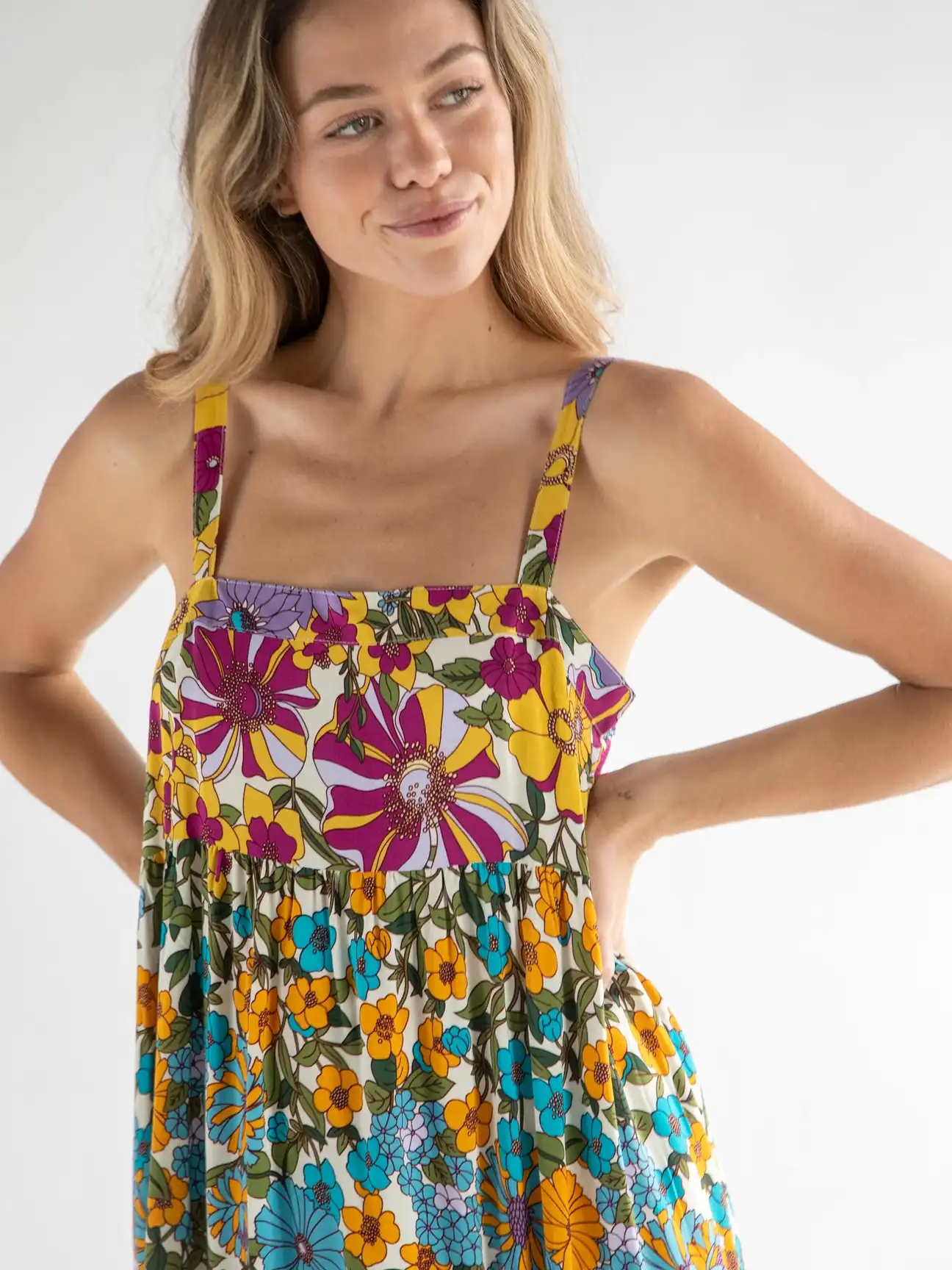 Women Yellow Ethnic Motif Printed Rayon Maxi Dress with Buttons & Lace Work