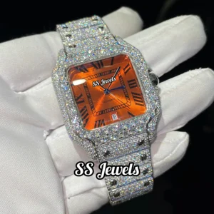 VVS Luxury Men's Stainless Steel Mechanical Watch Bussdown Moissanite 41mm Orange Dial 20mm Hip Hop Passes Diamond Test