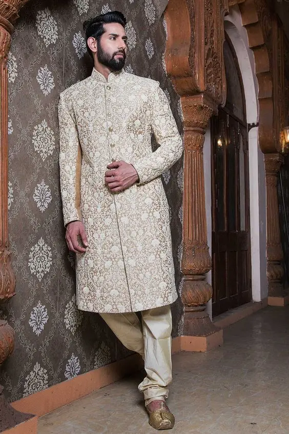 2023 Elegant Brocade Sherwani with Embroidery Breathable Pants Suits for Weddings & Parties Including Shoes