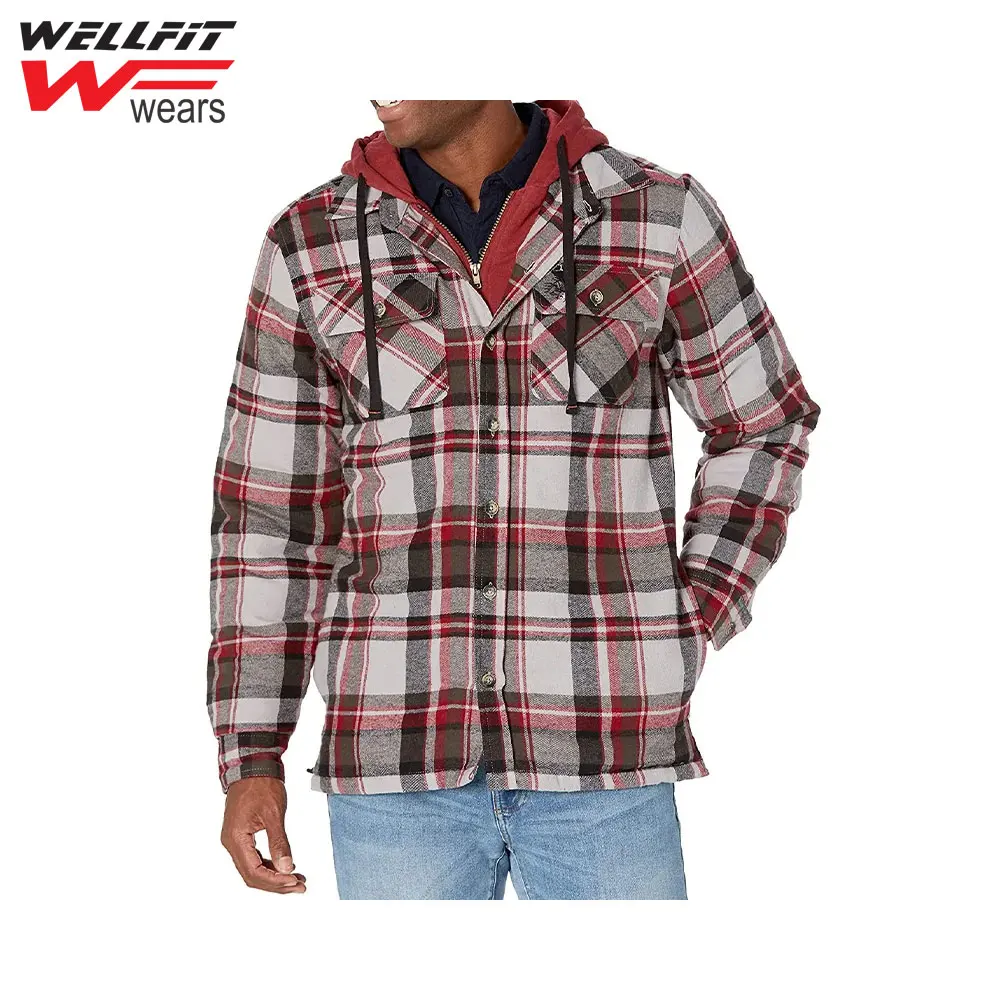 Men's Flannel Shirt Jacket With Removable Hood Plaid Quilted Lined