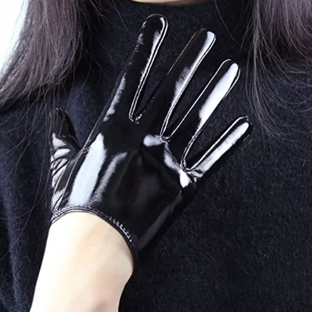 Black Super Long Leather Gloves For Women Faux Patent Pu Sexy Opera