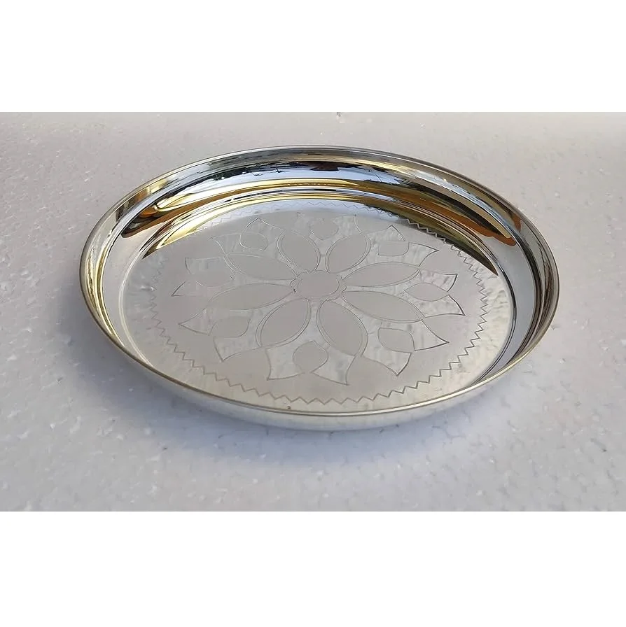 Decorated Silver Round Moroccan Serving Tray  Dishes Plates Dishware Safe for Home & Wedding Decoration  Handmade