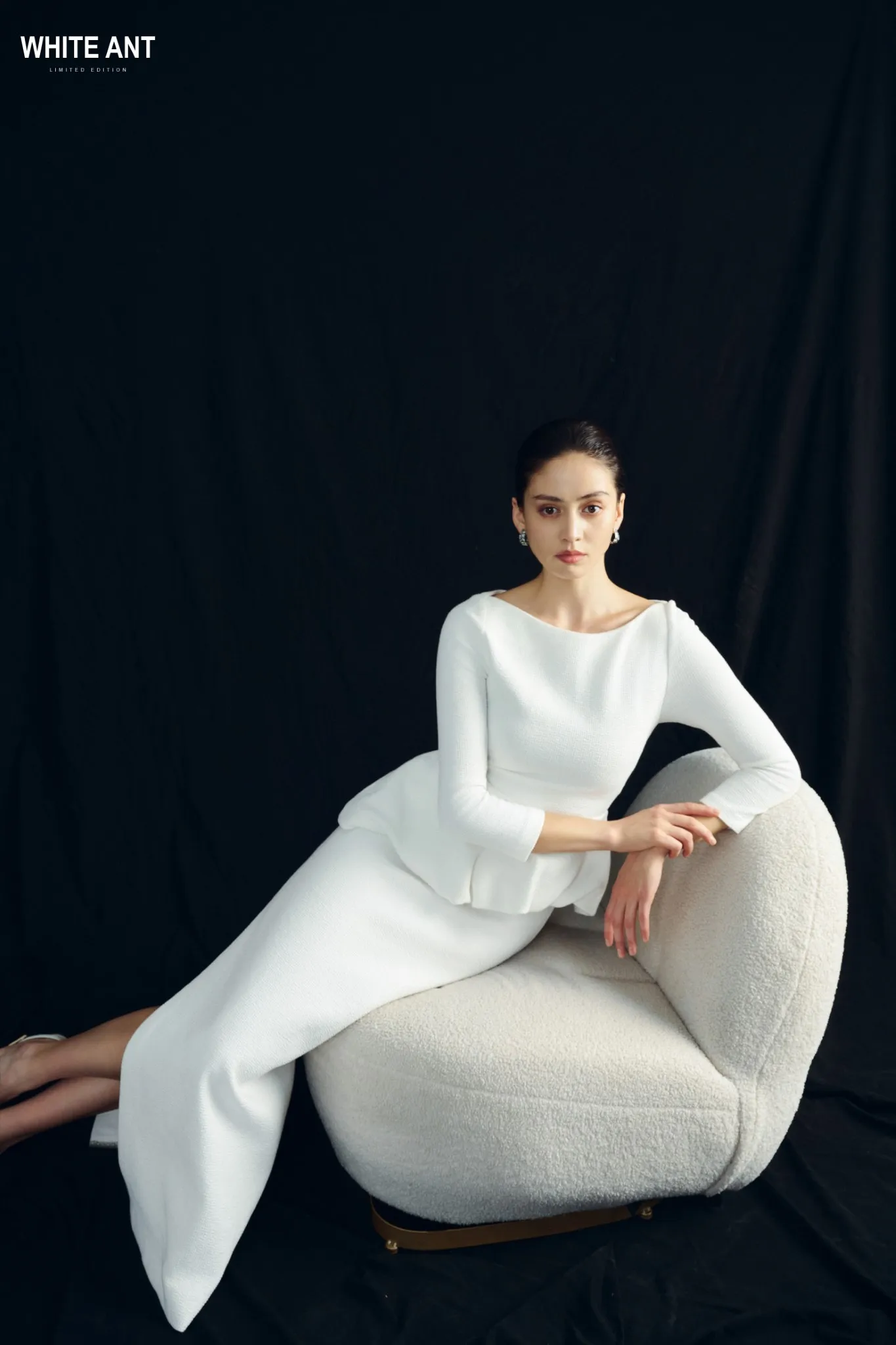 Unique Design ELFEDA PEPLUM DRESS Women's Dresses Boat Neck Long Sleeve Cotton Blend Jersey Fabric Custom Labels WHITEANT