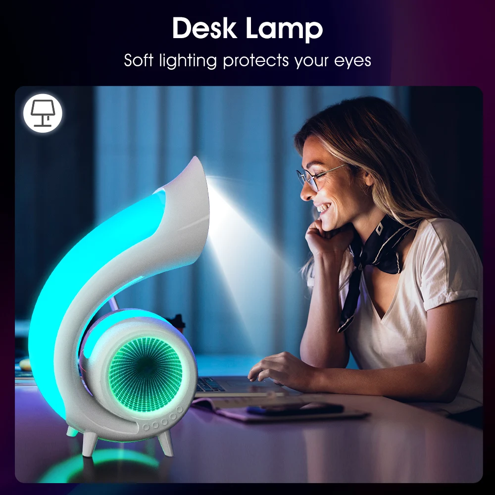 Latest Design G Shape Fullrange Speaker BT Speaker Night Light Multifunctional with Speaker Wireless Charger Bluetooth Led Lamp