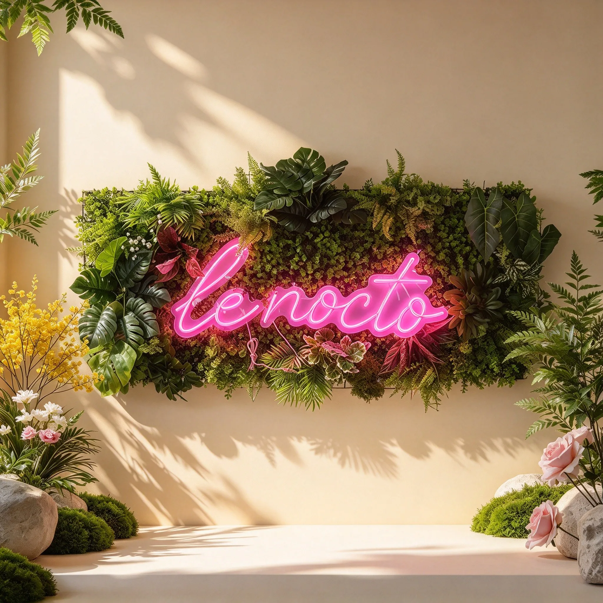 news-1-1 Custom pink lemonade LED neon sign integrated into a tropical green wall