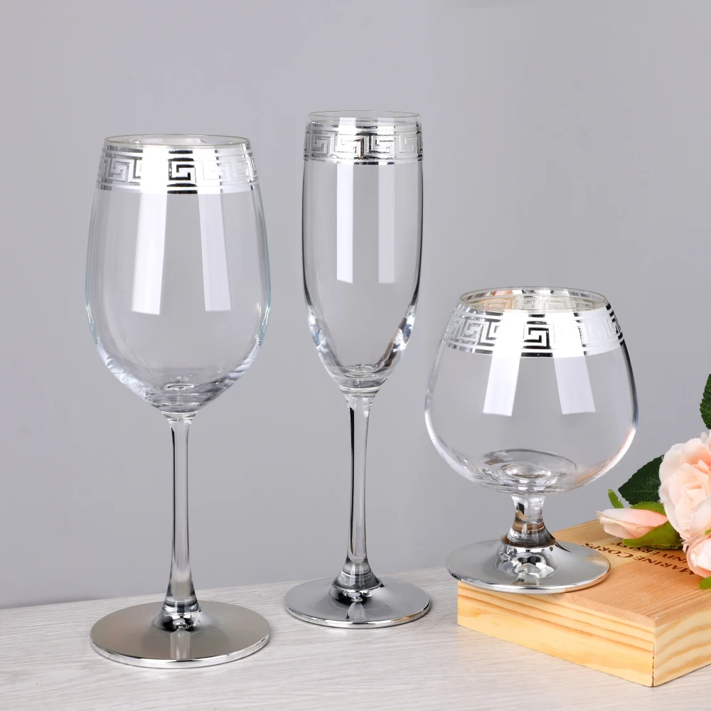 Luxury Silver Band Rim Greek Key Design Champagne Flute Brandy Highball Whiskey Wine Glass Drinkware Set Home Bar Barware