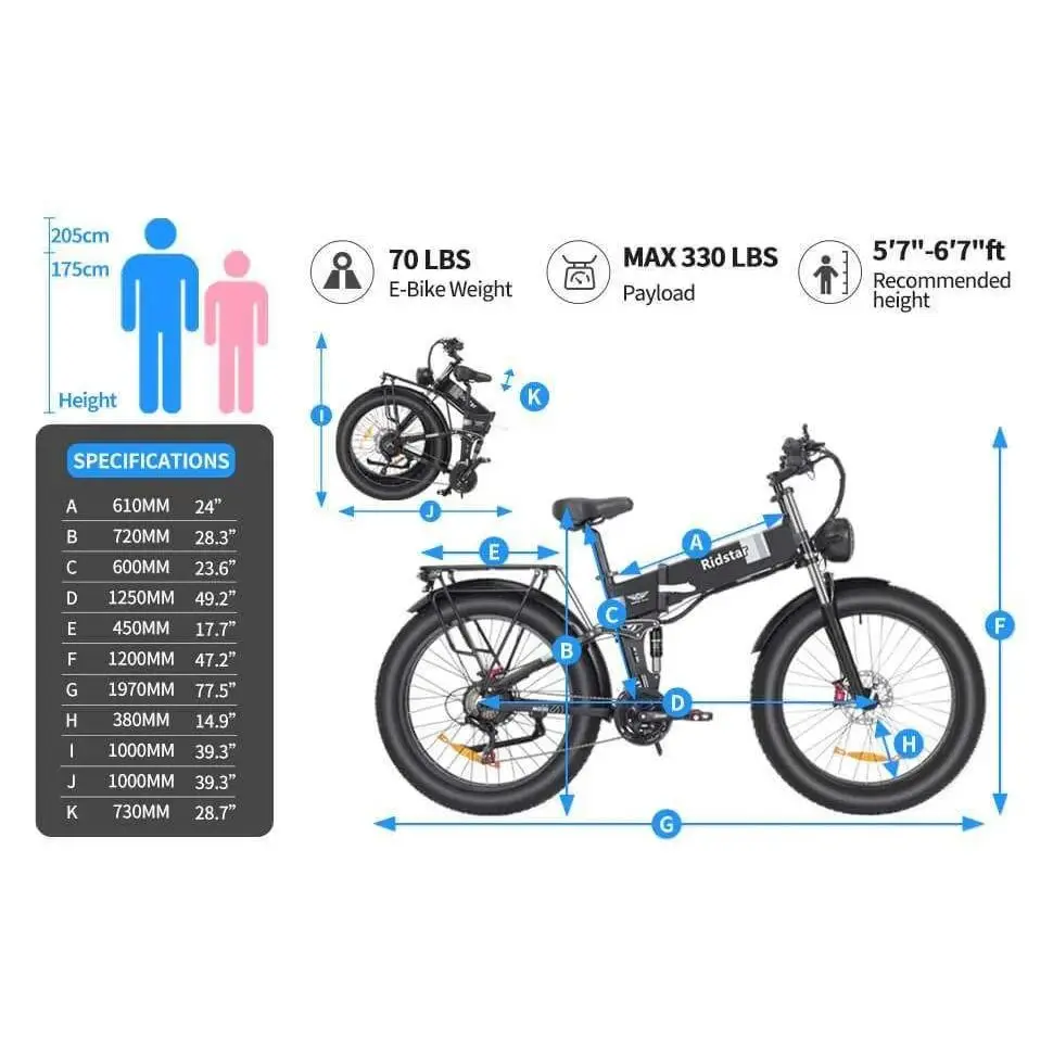 RIDSTAR H26 Pro 26 Fat Tire Electric Foldable Bike with 1000W Motor and 48V 23Ah Lithium Battery Power Supply