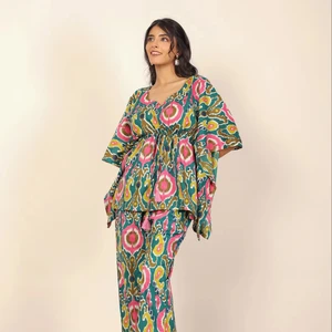 Green And Multicolor Floral Two Piece Set Kaftan Style Front Tie Top And Straight Pant 100% Cotton Indo Western Co-ord Set