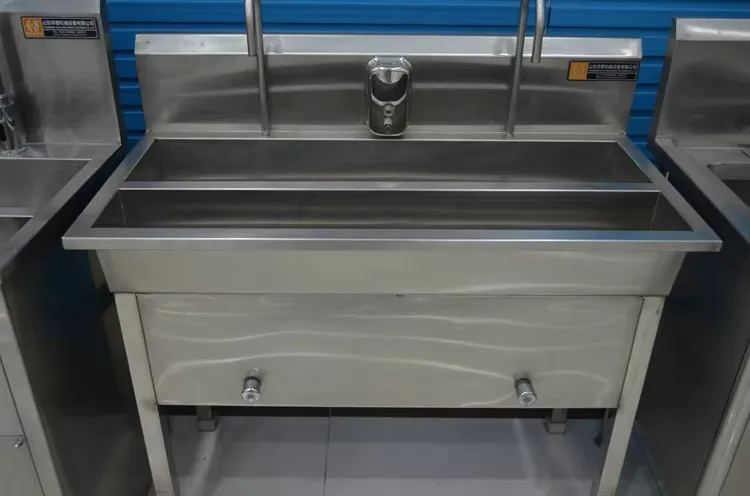 Heavy-duty commercial hand-washing and sanitizing stations for sanitary areas of meat processing plants
