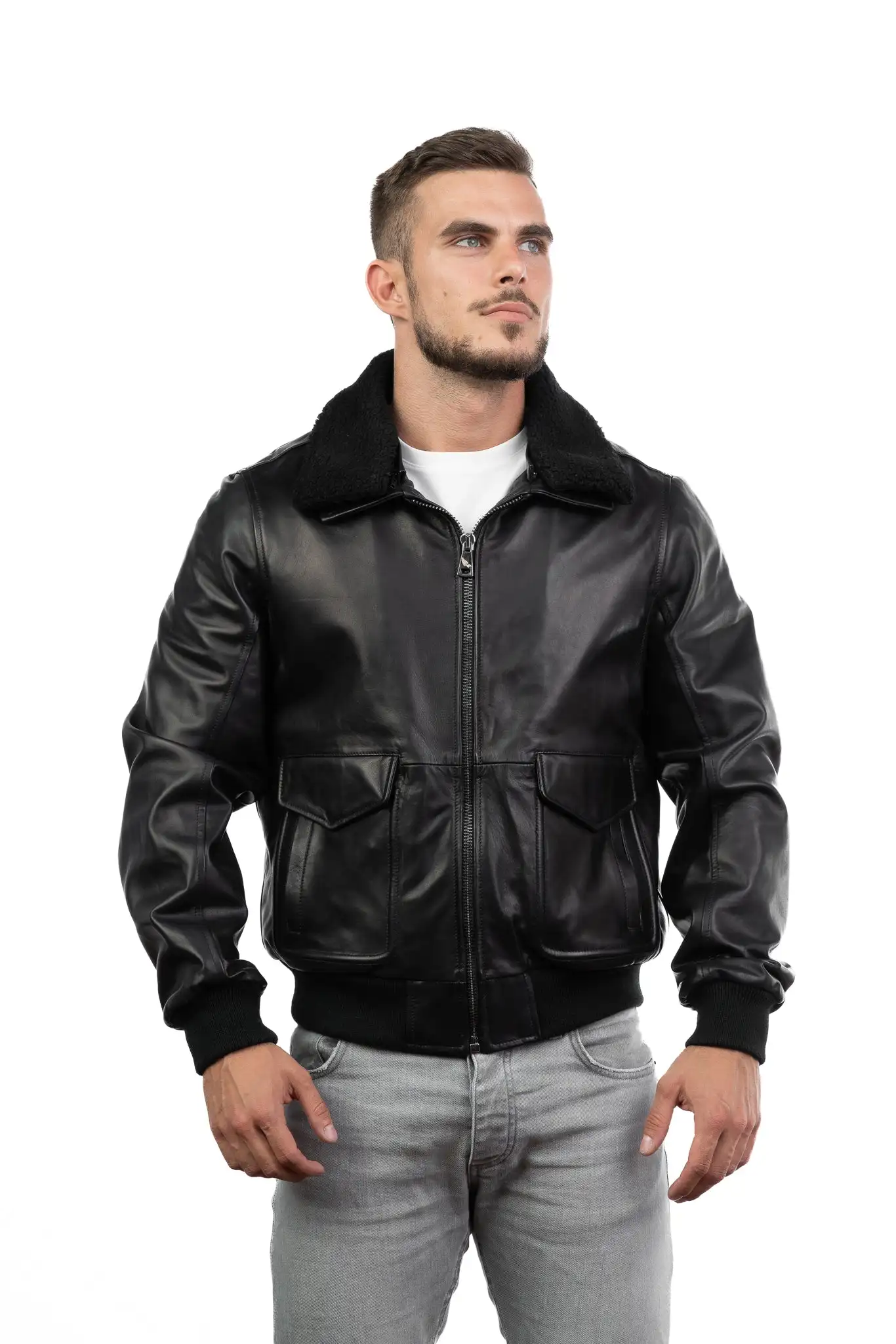 Factory Direct Man Leather Aviator Jacket Genuine Leather With Zip