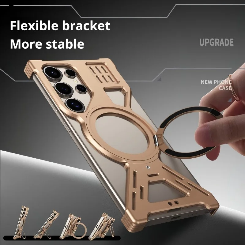 Aluminum Metal Frameless Heat Dissipation Magnetic Phone Case for Samsung S22 S23 S24 S25 Ultra With 360° Stand Shockproof Cover