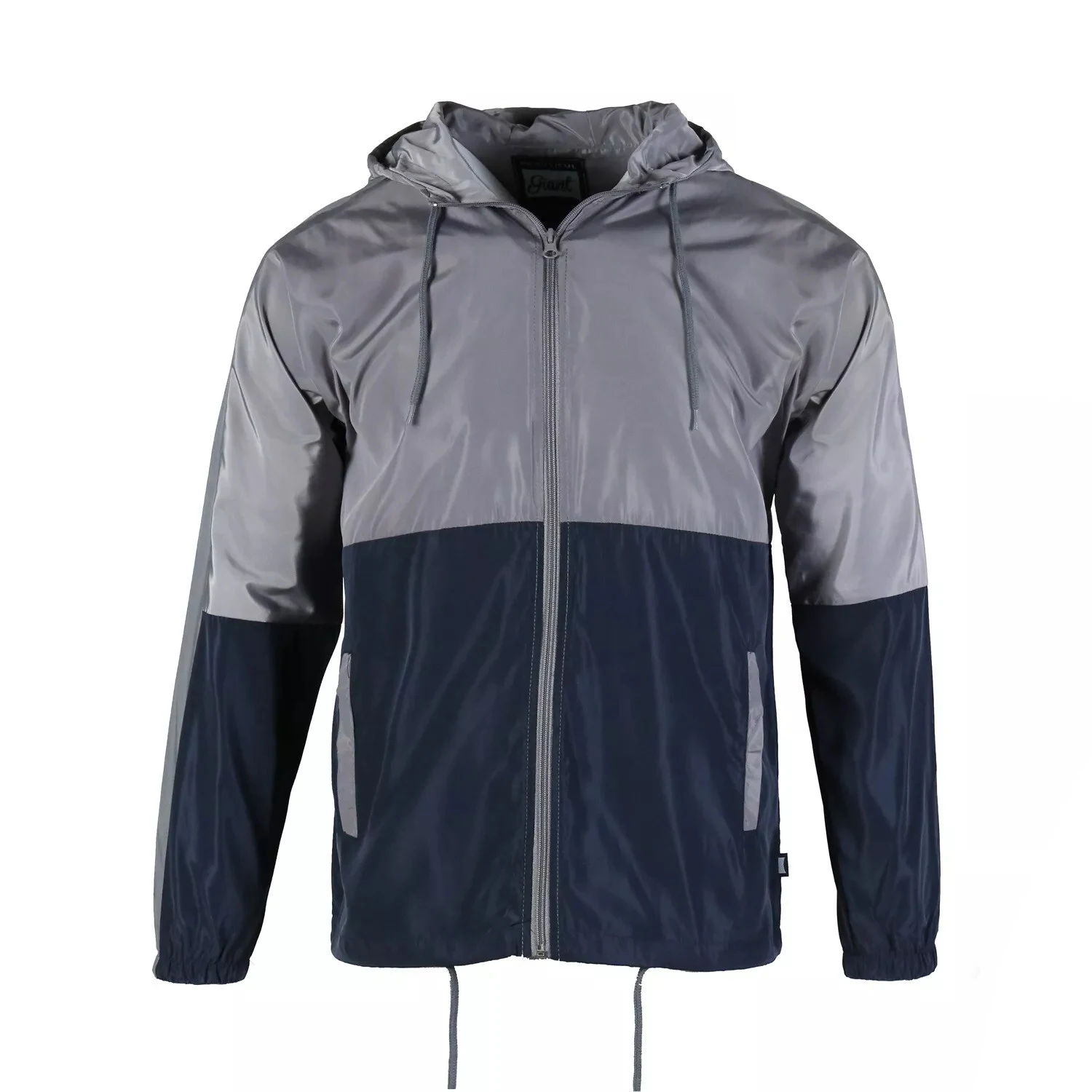 Mens Gray Navy Lightweight Windbreaker Water Resistant Hooded 