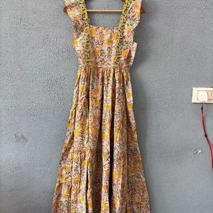 Handmade Cotton Dress Solid Pattern Maxi Length Block Print Square Neck Long Dress for Summer Winter Autumn Seasons