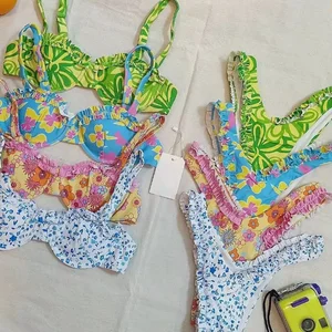 Fashionable Floral Print Lace Designer Women's 2-Piece Bikini Set Ruffled Underwire Tank High Waist Bottom Waterproof