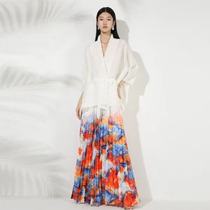 Premium Quality Quick Shipping Miyake Pleated Suit Women's Loose Casual Dress Top and Printed Skirt Two Piece Set