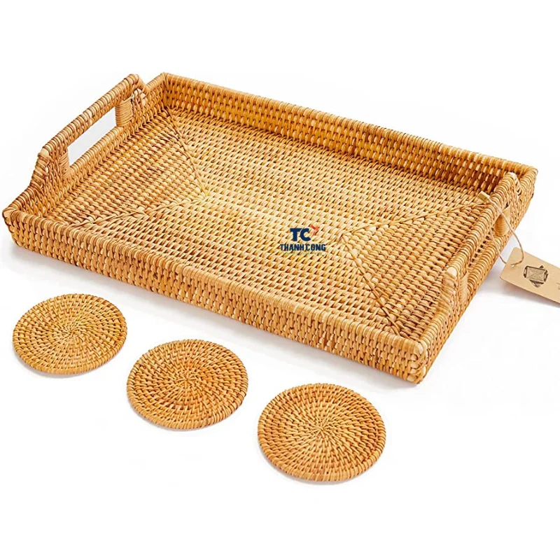 Wholesales Serving Tray Rattan Large Scalloped Rattan Tray Wood