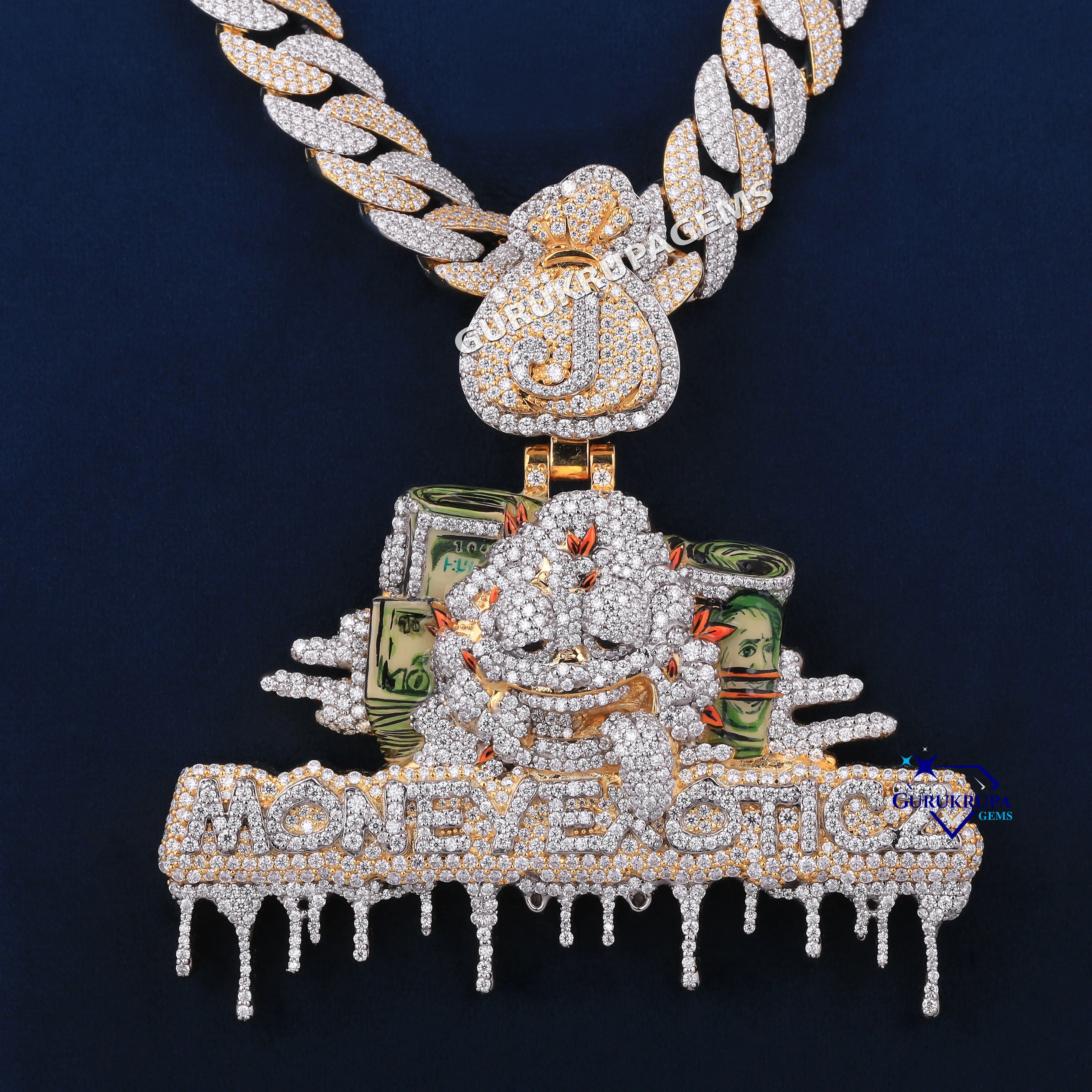 14KT Gold Lab Grown Miami Iced Out Dollar Money Bag Bail Design Pendant  Mens Necklace Hip Hop Chain Link Rapper Pendant Jewelry