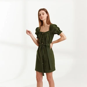 Button Down Woven Linen Mini Summer Dress in Forest Green Square Neck Short Sleeve Dress With Waist Belt for Women One Piece