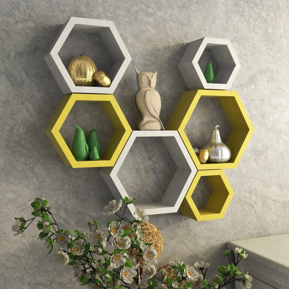 Hexagon Shape Set of 6 Floating Wall Shelves White and Yellow Rack Shelf Wooden Wall Shelf