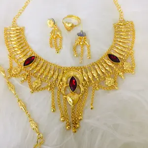 24K Gold Plated Vintage Jewelry Set 18K Copper Necklace Earrings Flower Pattern Zircon USA France Fashion Accessory Anniversary