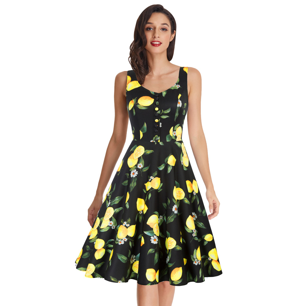 OEM Women Pineapple Pattern A-Line Retro Ladies Button Sleeveless Vintage Dress