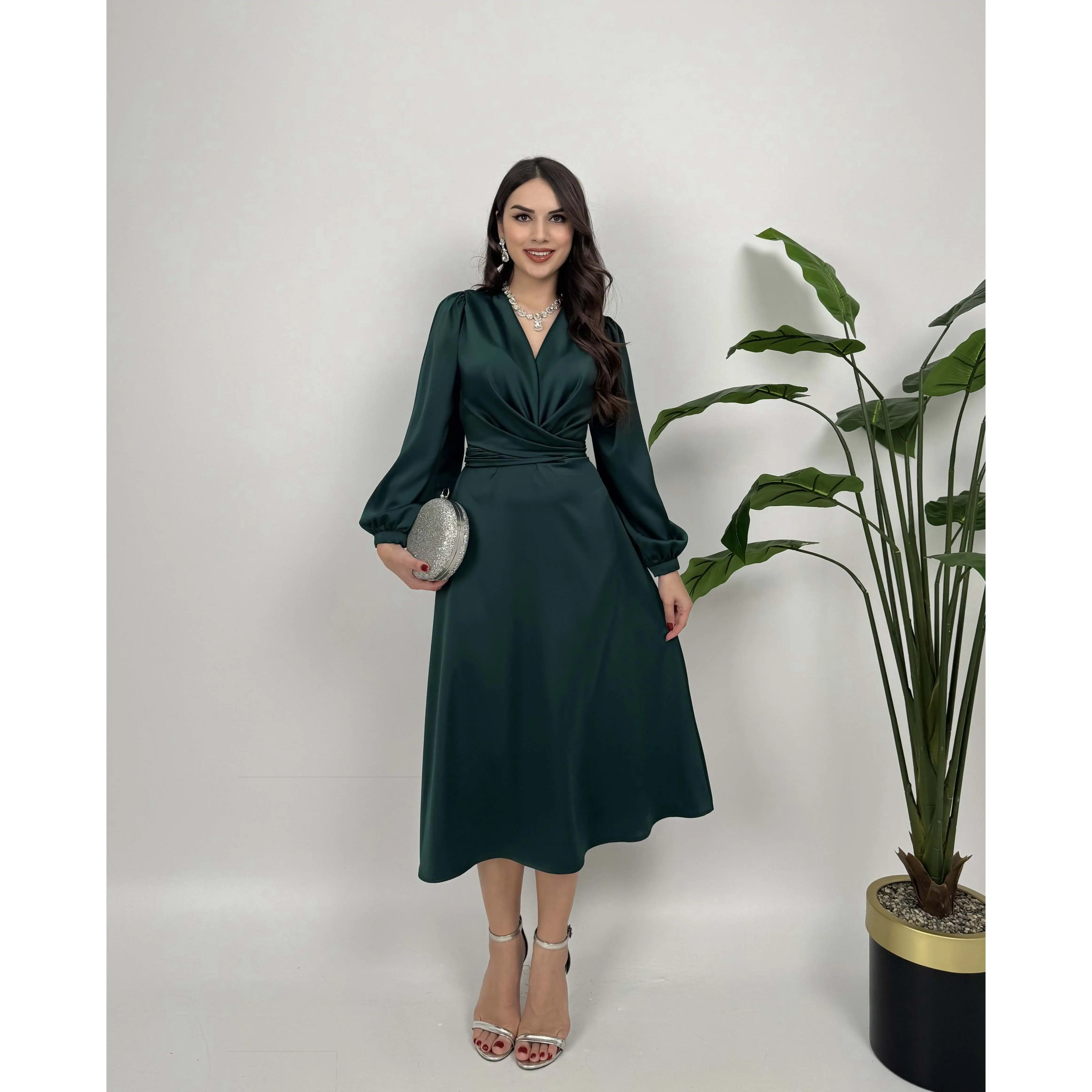 2052 A-Line Satin Belted Dress with Natural Waistline