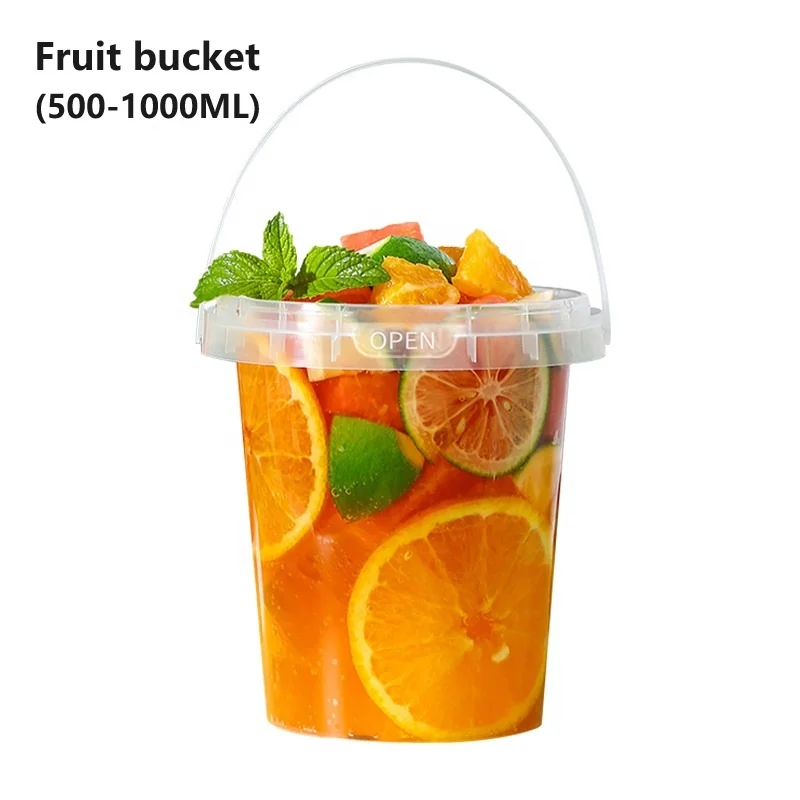 Wholesale Takeaway Fresh Fruits Container Buckets  Plastic Drink Buckets Fruits Container 500ML 700ML 1000ML With handle