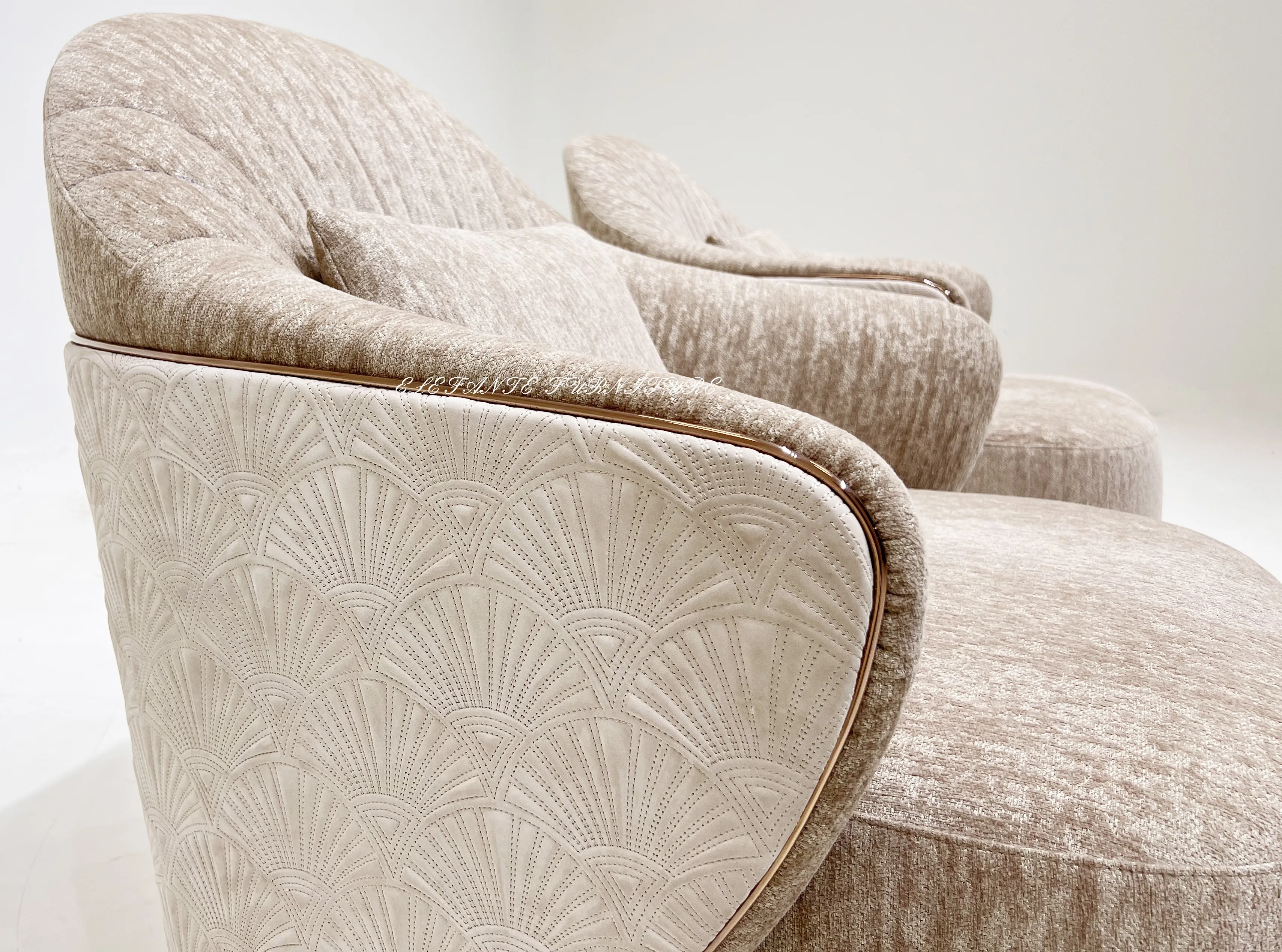 LEFANTE Mansion Furniture_стальное верхнее бархатное кресло с металлической отделкой с лепестками на спинке шезлонг