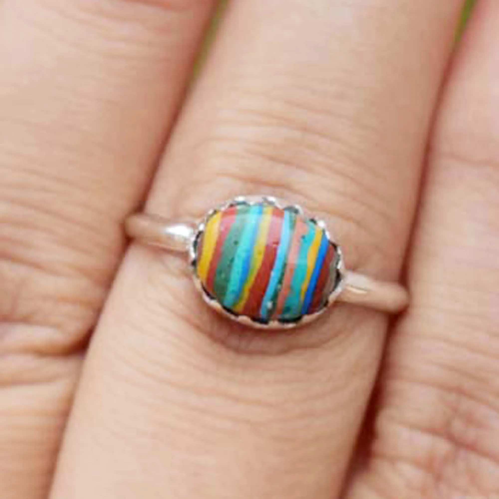 multi color rainbow calsilica ring,natural gemstone fine silver handmade jewelry 