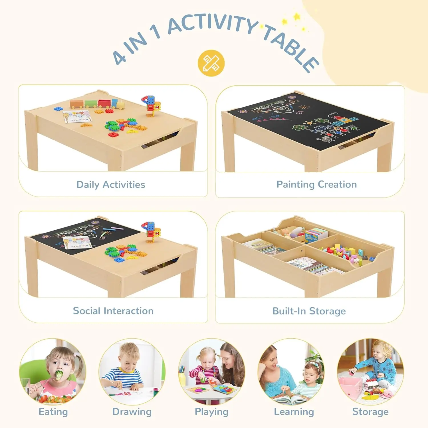 4 in 1 Kids Table with Arts and Crafts Storage Toddler Table and Chair for 2-5 Years Old with 2 Reversible Chalkboards