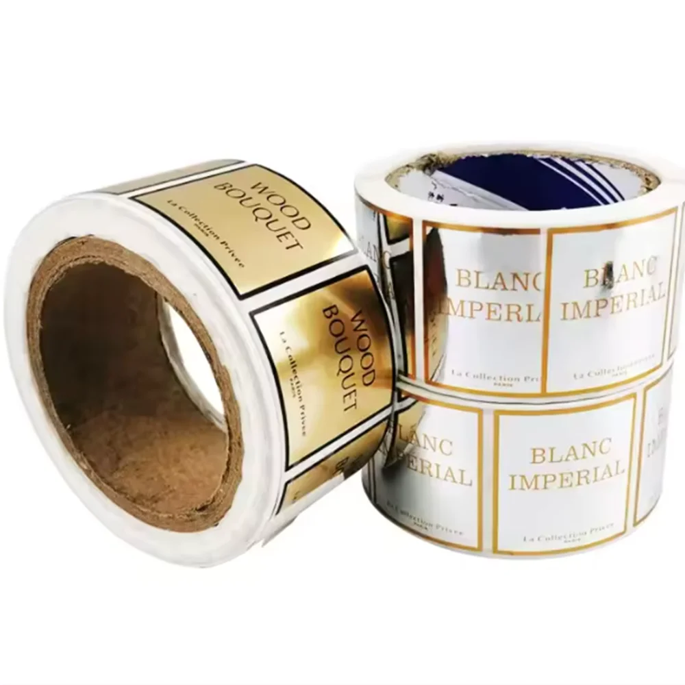 Customized Waterproof Adhesive Sticker Glass  Parfum Essential Oil Bottle Gold & Silver Labels for Gift & Craft Packaging