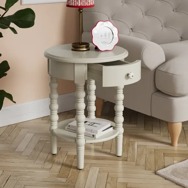 Antique-Style Wooden Side Table with Turned Legs MDF Wood Drawers Shelf for Home-as Bedroom Bedside or Living Room Sofa Table
