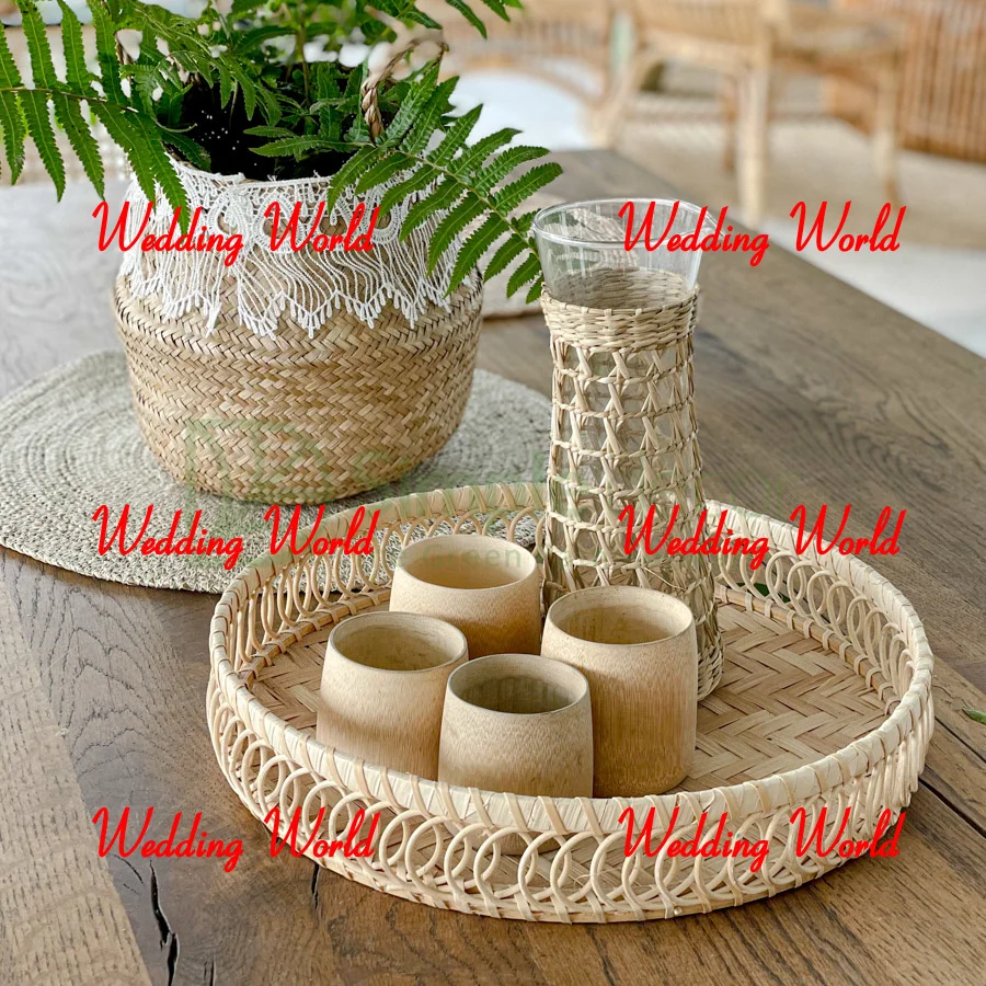 Luxury Round Rattan Serving Tray Customized Design Handmade Platter Mother Of Pearl Finished