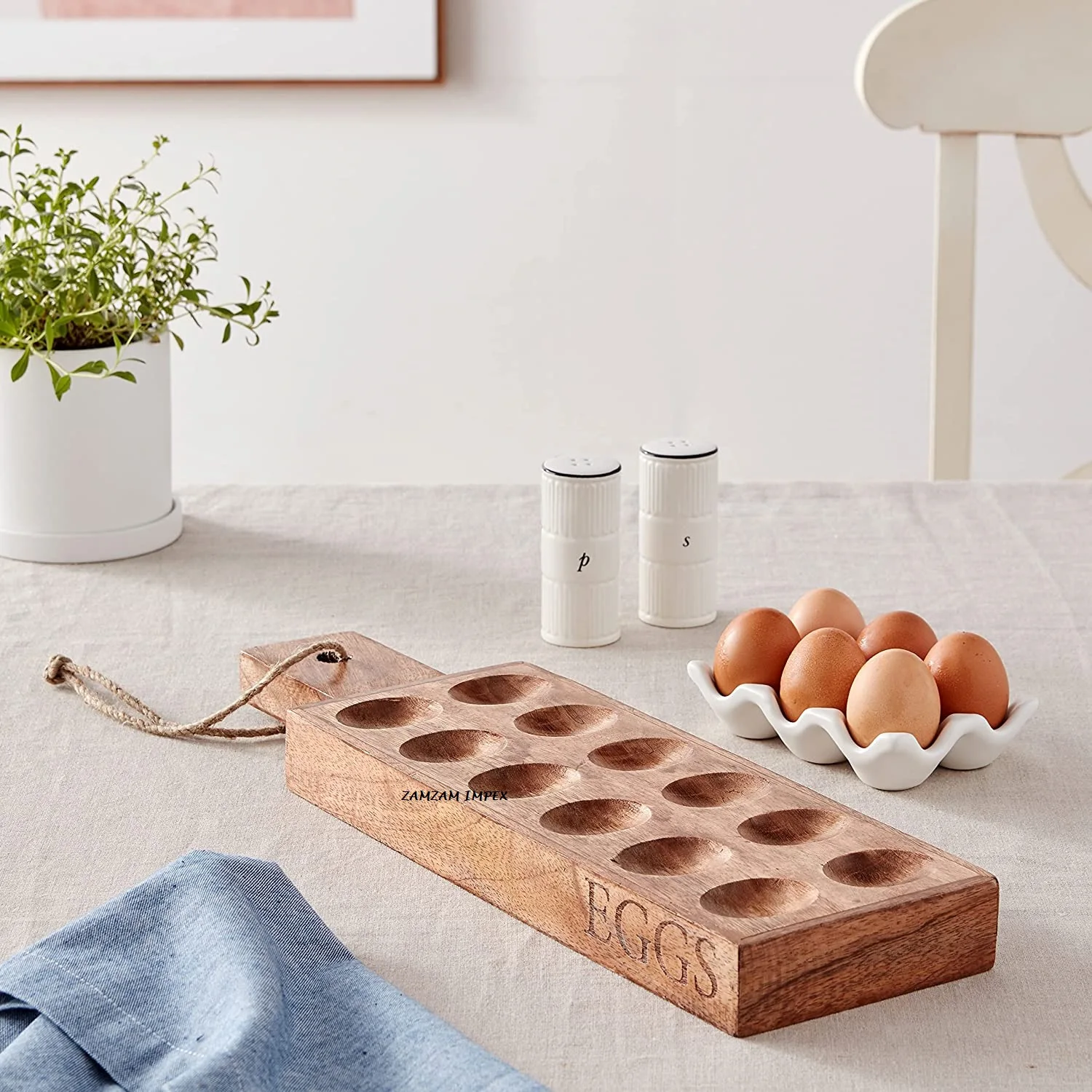 Handcrafted Mango Wood Deviled Egg Tray with Handle  12 Slot Wooden Egg Serving Platter for Parties and Kitchen Use