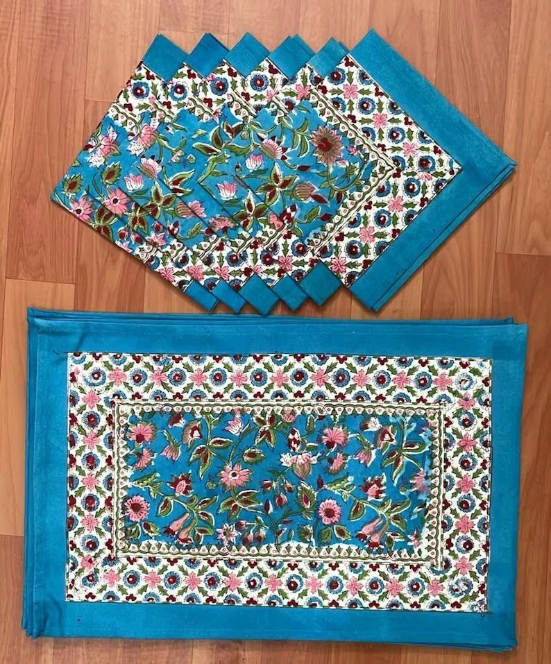 Hand Block Printed Cotton Place Mats Set With Napkins For Dinning
